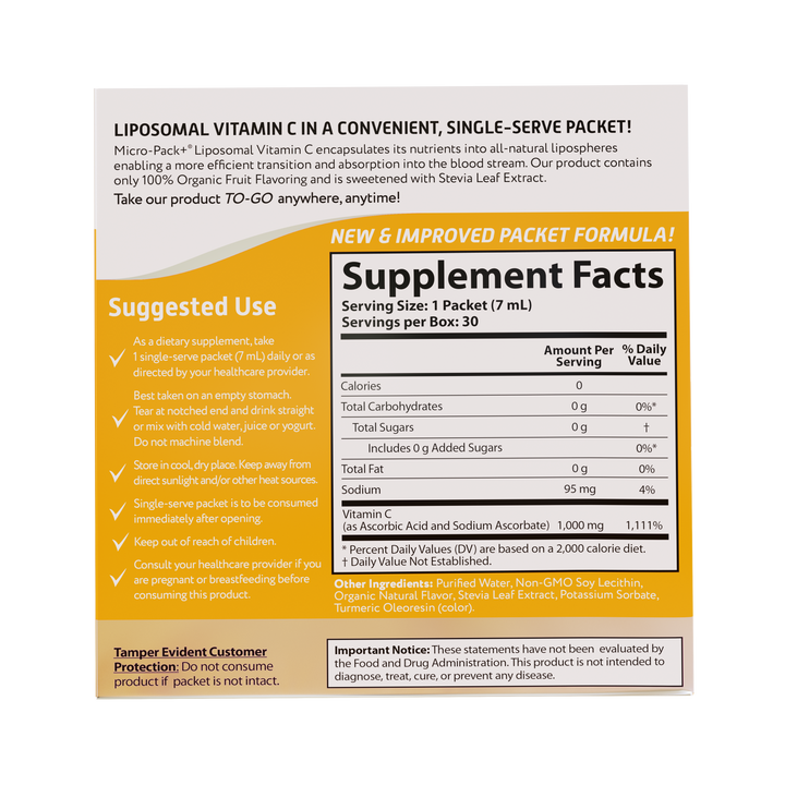 Aurora Nutrascience, Micro-Pack Liposomal Vitamin C, 1,000 mg Per dose, Gluten Free, Non-GMO, Sugar Free, Organic Fruit Flavor, 30 Single-Serve Liquid Packets, 0.17 fl oz (5 mL) Each