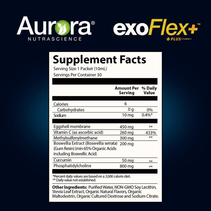 Aurora Nutrascience, Micro-Pack Liposomal ExoFlex+ Vitamin C, Eggshell Membrane with BiovaFlex, Curcumin, & Boswellia, 30 Single-Serve Liquid Packets, 0.34 fl oz (10 ml) Each…